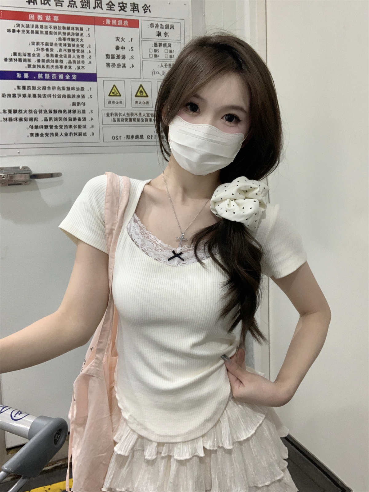 實拍 春夏韓版bm方領蕾絲拼接純欲設計感短袖T恤上衣女