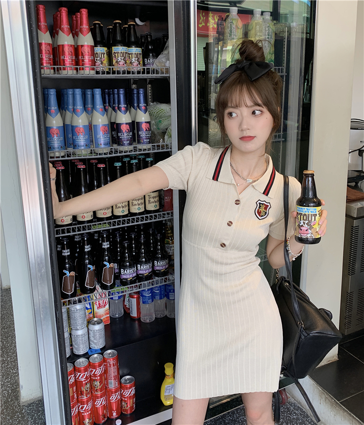 韓系學院風Polo領連衣裙女夏小香風純欲辣妹收腰顯瘦針織包臀短裙