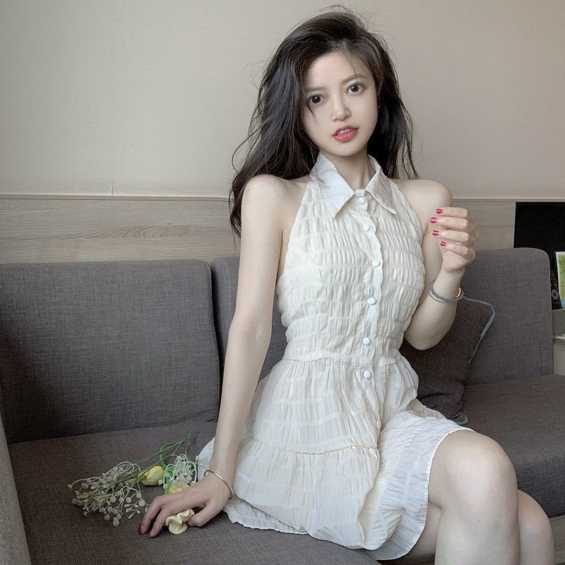 港風法式初戀掛脖連衣裙女夏季2024新款網紗露背甜美收腰辣妹裙子