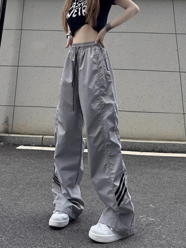 衝鋒衣面料美式復古高街側邊條紋金屬銀運動褲女