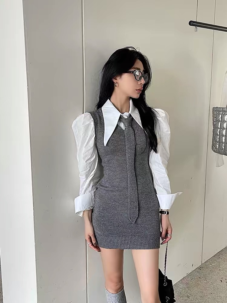 韓版學院風灰色系帶長袖針織連衣裙女春季中長款兩件套裙子