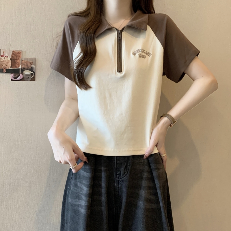 實拍  40支純棉 2024夏裝刺繡POLO領短袖T恤女撞色