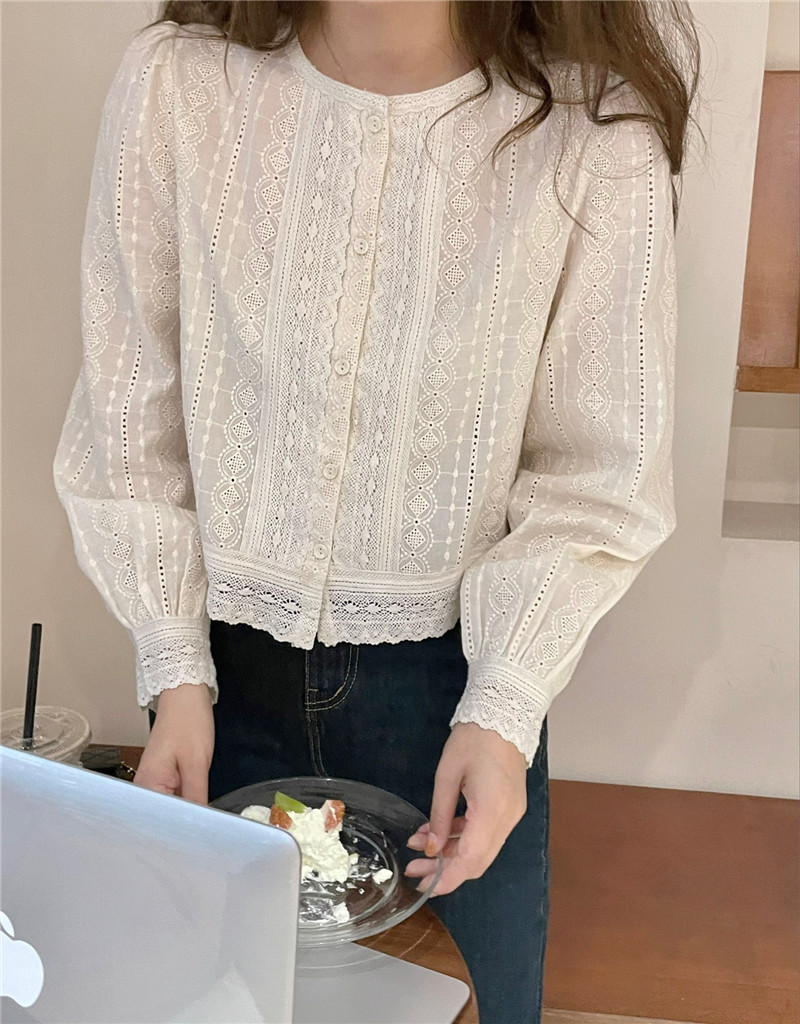 韓國2024春季新款圓領長袖重工刺繡蕾絲上衣洋氣百搭短款顯瘦潮
