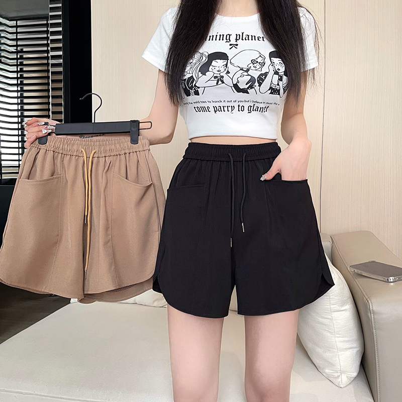 實拍 高品質斜紋 系帶高腰雙口袋休閒褲女春夏百搭闊腿短褲