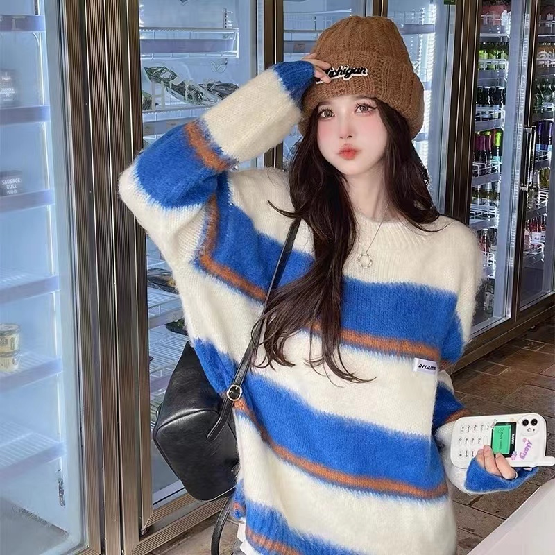 2024 New Striped Contrast Color Mohair Sweater Women's Spring and Autumn Loose Lazy Style Round Neck Pullover Sweater