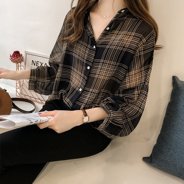 春款女裝新款chic寬鬆BF格子襯衫女長袖港味上衣韓范襯衣外