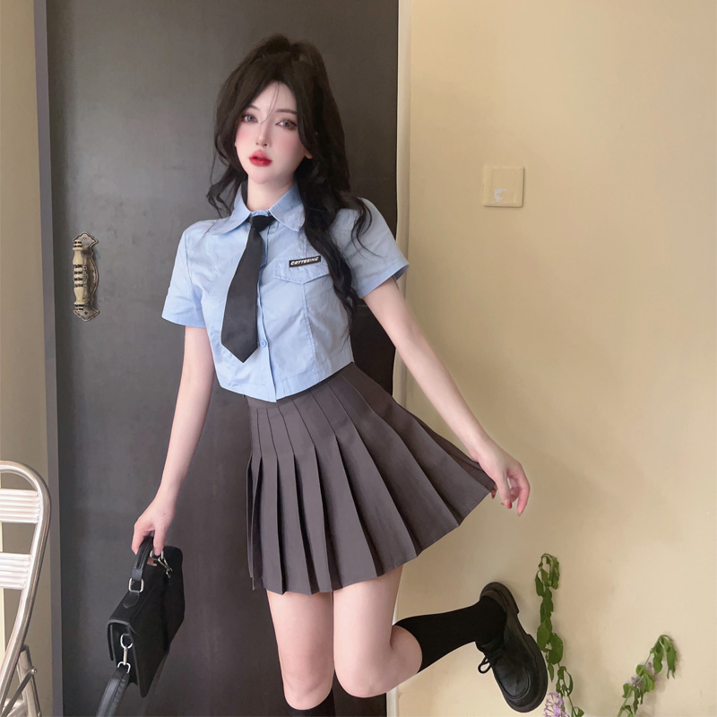 實拍短款襯衫女夏甜辣學院風高腰修身短袖上衣+百褶裙jk減齢套裝