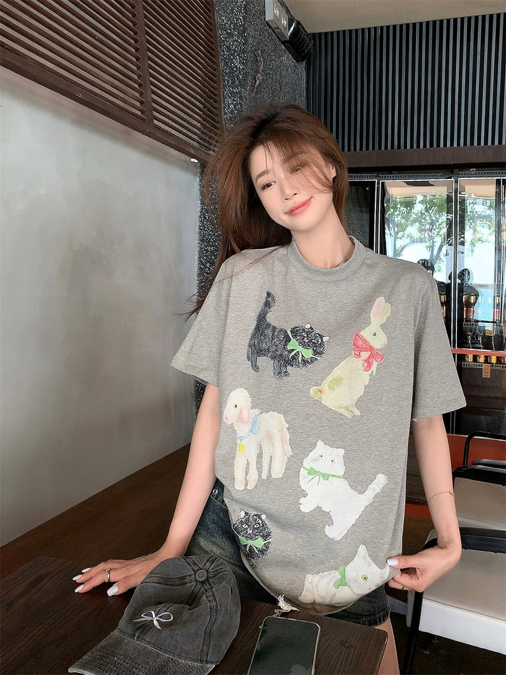 實拍~ 韓版半高圓領可愛貓咪狗狗印花寬鬆顯瘦百搭短袖T恤