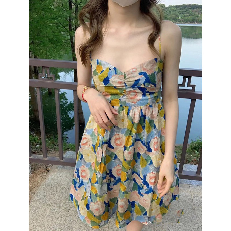 Pure lust style oil painting suspender floral dress women's summer texture high-end strapless strapless short skirt temperament skirt