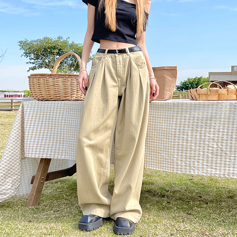 實拍2024春夏闊腿牛仔褲女顯瘦寬鬆垂感直筒拖地褲