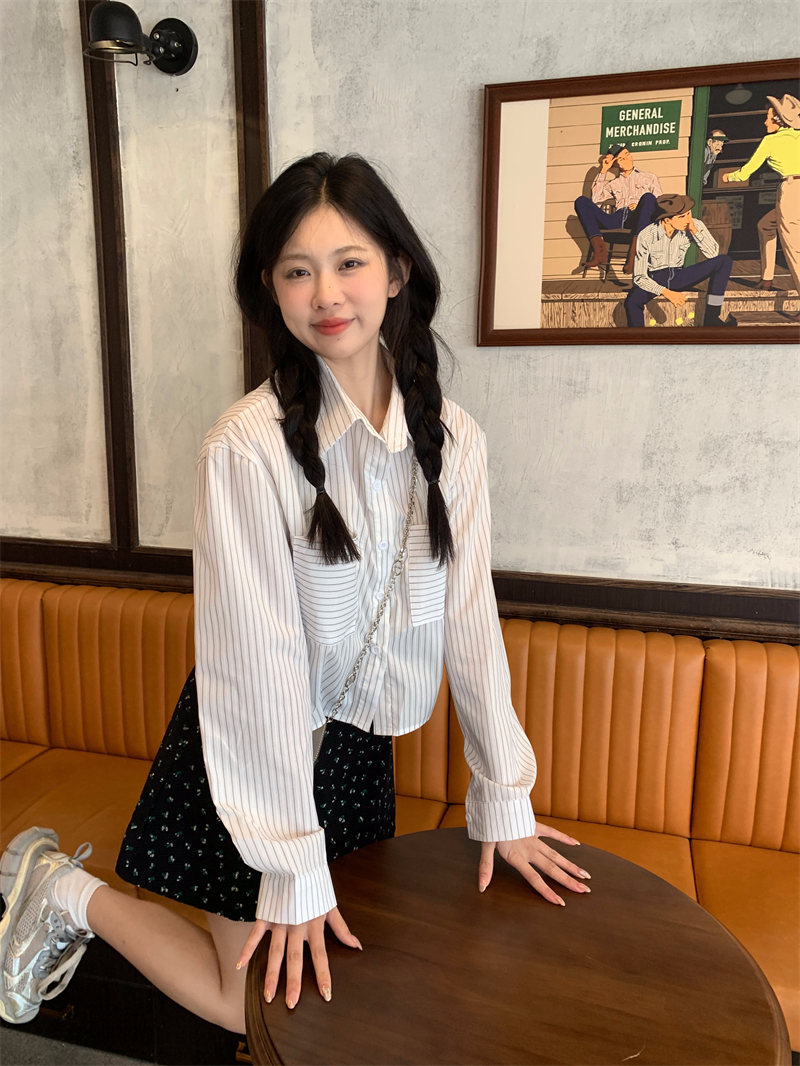 實拍 春季新款韓系設計感POLO領雙口袋百搭寬鬆短款襯衫上衣