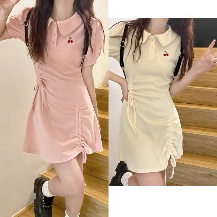 Embroidered little age-reducing POLO collar short-sleeved dress for women summer waist-cinching A-line skirt drawstring short skirt