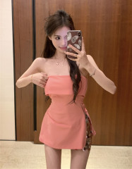 實拍 夏季歐美一字領露肩抹胸側拉鏈上衣女