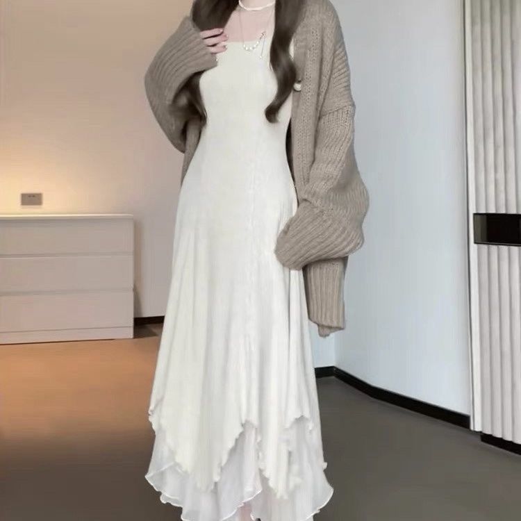 松本喪喪坑條針織裙彈力純色不規則裙擺連衣裙顯瘦女新款