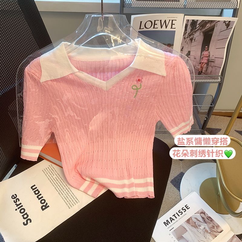 Real shot of summer French niche polo knitted short-sleeved T-shirt for women, sweet, spicy, unique, chic, pure desire, pure top ins