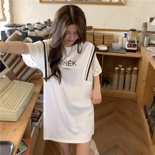 夏季新款韩版宽松字母印花镂空篮球服中长款短袖假两件女拼接字母