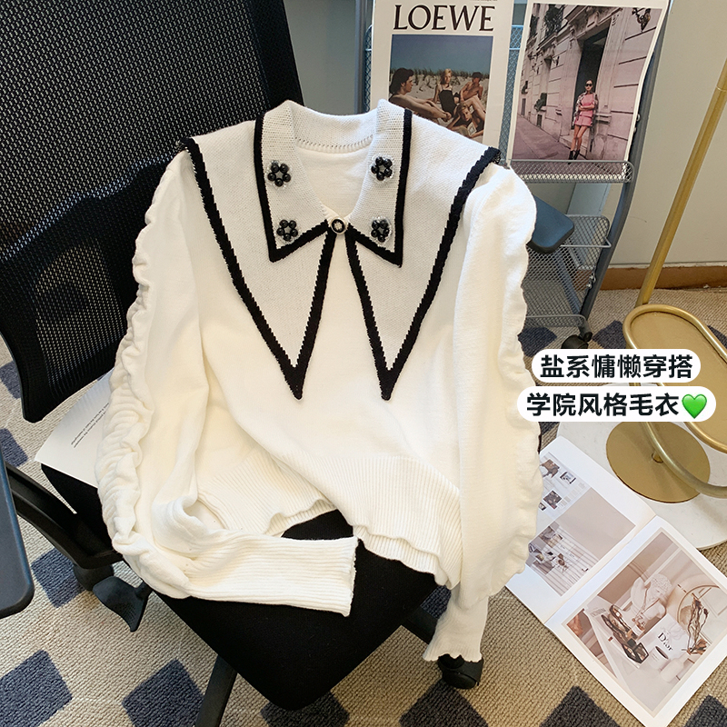 實拍溫柔風娃娃領針織套頭毛衣女2024春秋新款設計感寬鬆長袖上衣