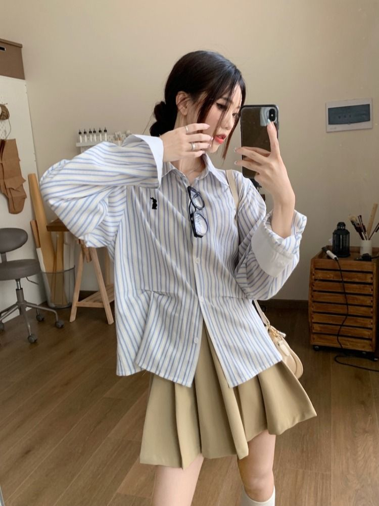 韓版休閒長袖條紋襯衫女2024早春褶皺設計感襯衣小清新藍色上衣女