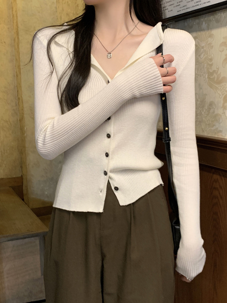 翻領針織開衫女2024新款早春秋修身氣質內搭V領打底毛衣短款上衣