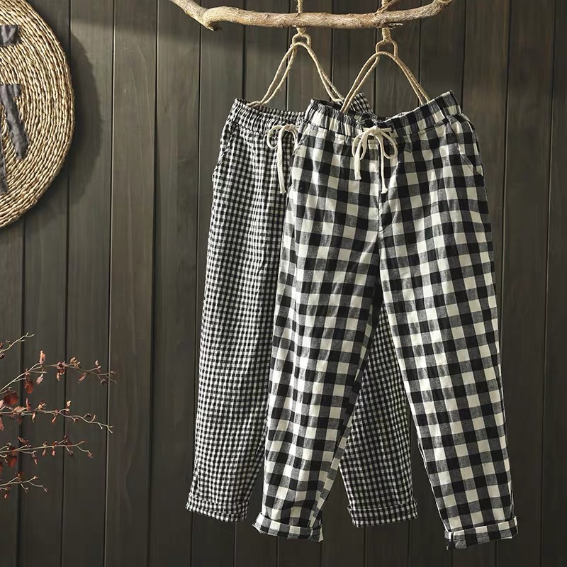 2024 cotton and velvet/no velvet literary simple plaid casual nine-point pants for women loose slimming lace-up