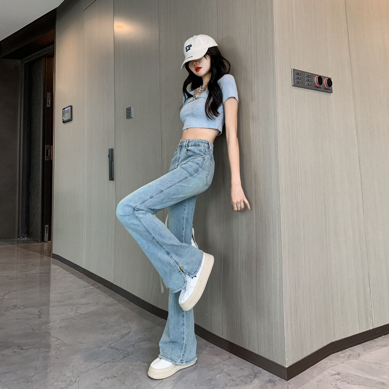 軟糯修身設計款復古小開叉微喇牛仔褲女春裝新款款顯瘦百搭馬蹄褲