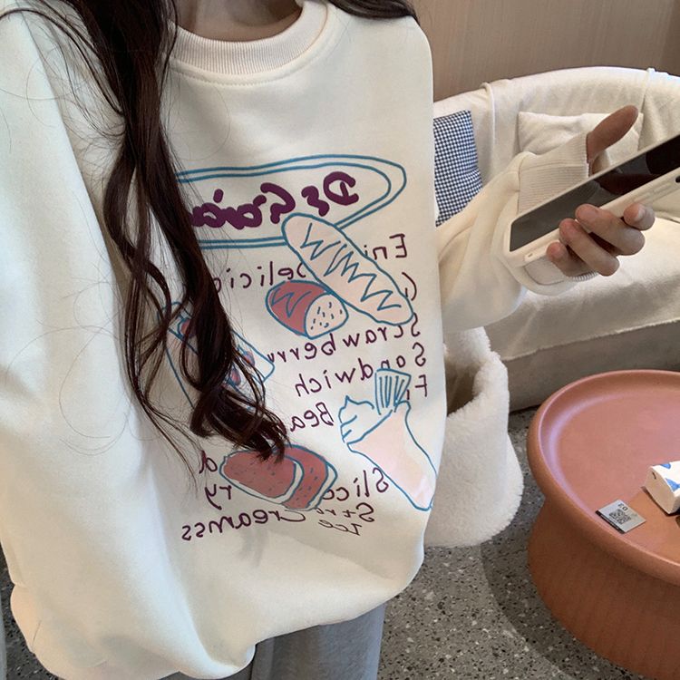 復古做通印花圓領衛衣女春新款寬鬆小個子上衣