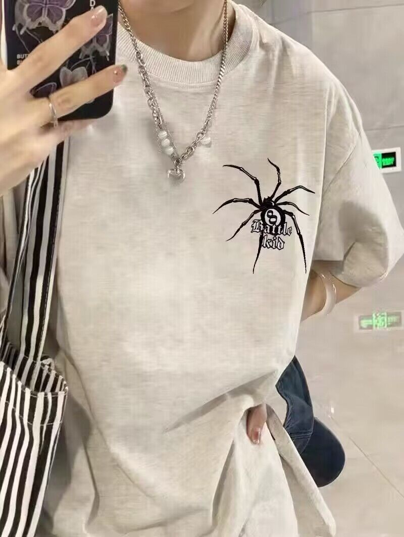 100%純棉國潮美式hiphop蜘蛛印花短袖t恤女2024新款高級感上衣ins