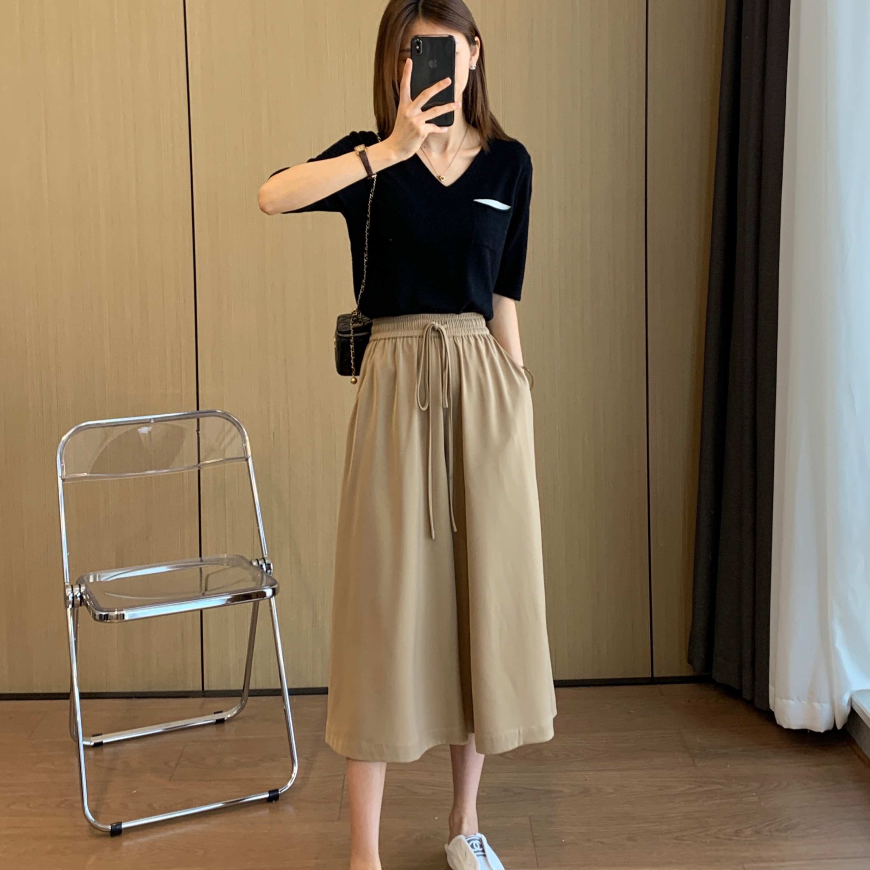 大碼休閒闊腿褲女夏季新款梨形身材顯瘦寬鬆高腰垂感抽繩七分褲裙