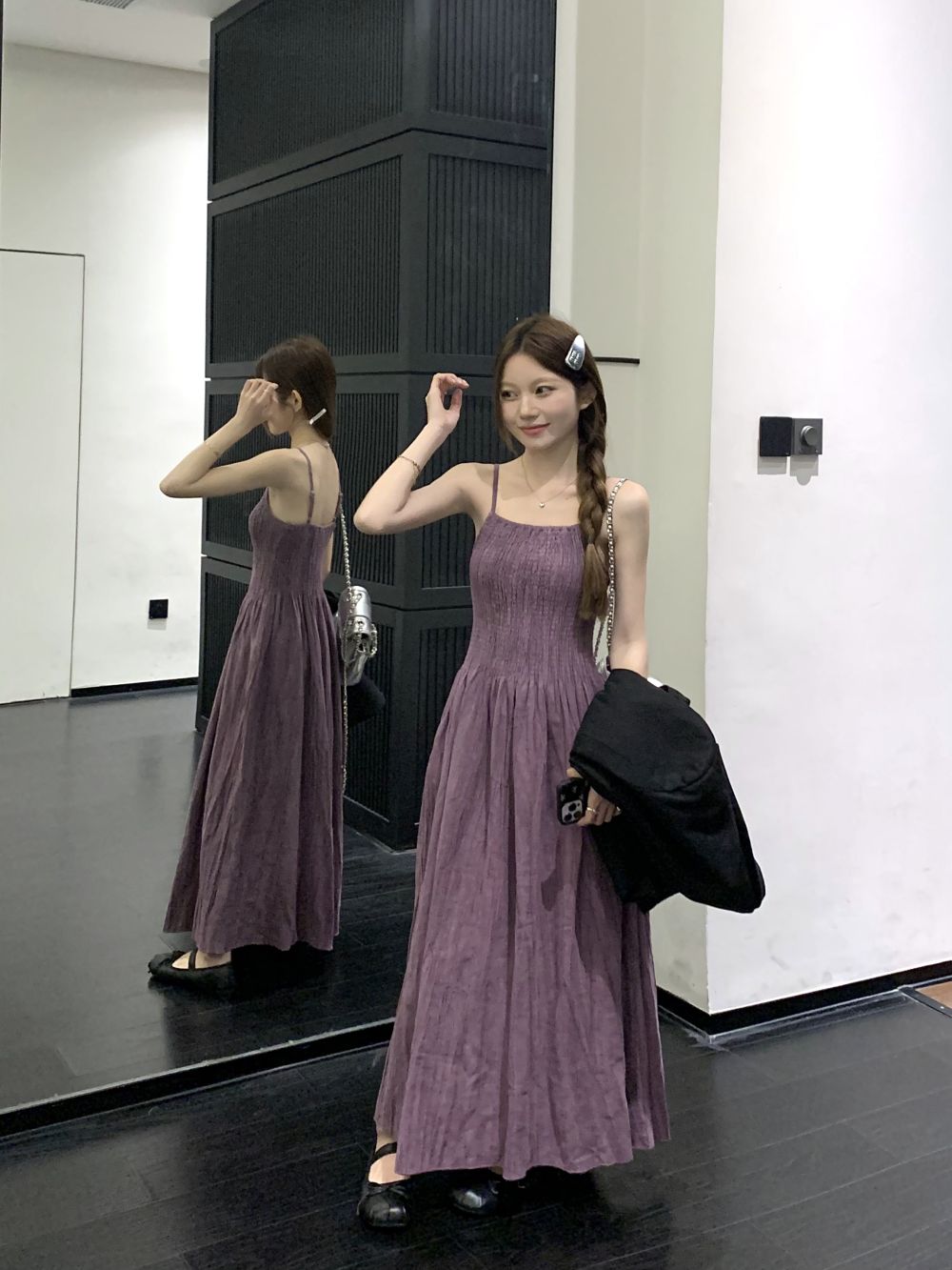 實拍三標齊紫色吊帶連衣裙女夏季收腰氣質A字長裙