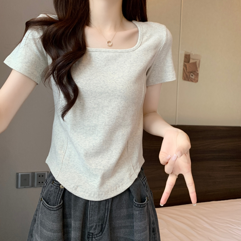 實拍  40支純棉 2024夏裝方領設計感小眾短袖T恤女