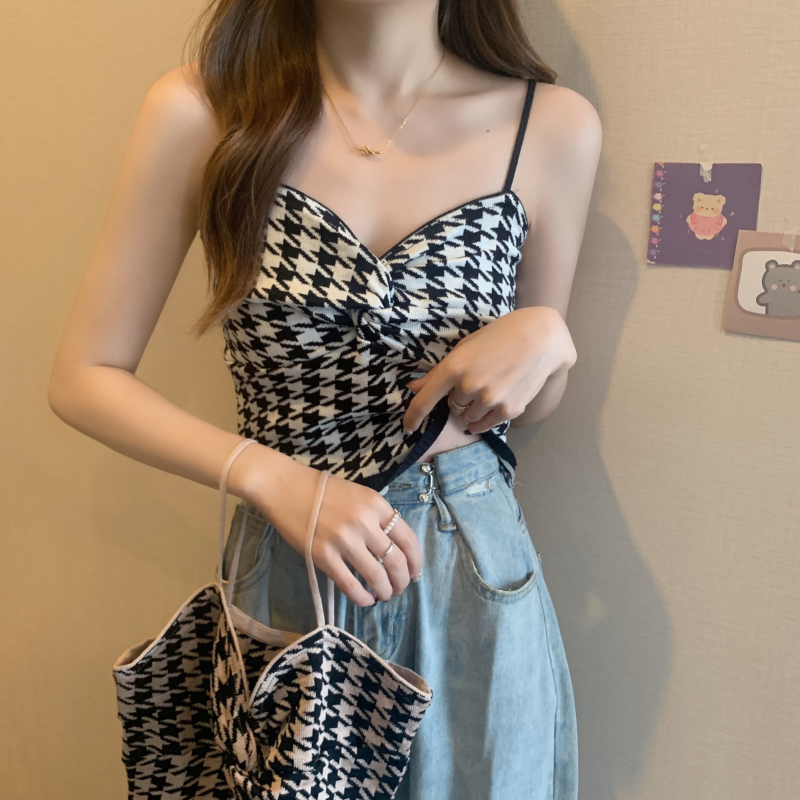 Vest women's spring and summer French style inner wear houndstooth small suspenders short sweet hot girl sleeveless top wear outside