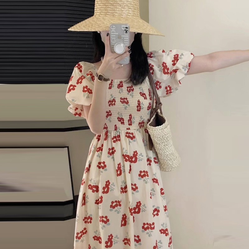 韓國chic夏季新款小香女風名媛一字領泡泡袖鬆緊腰碎花顯瘦連衣裙