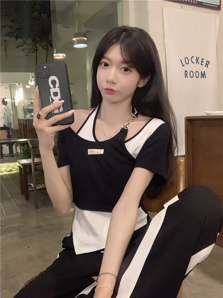 不規則假兩件短袖T恤女夏季小眾設計感辣妹短款修身上衣