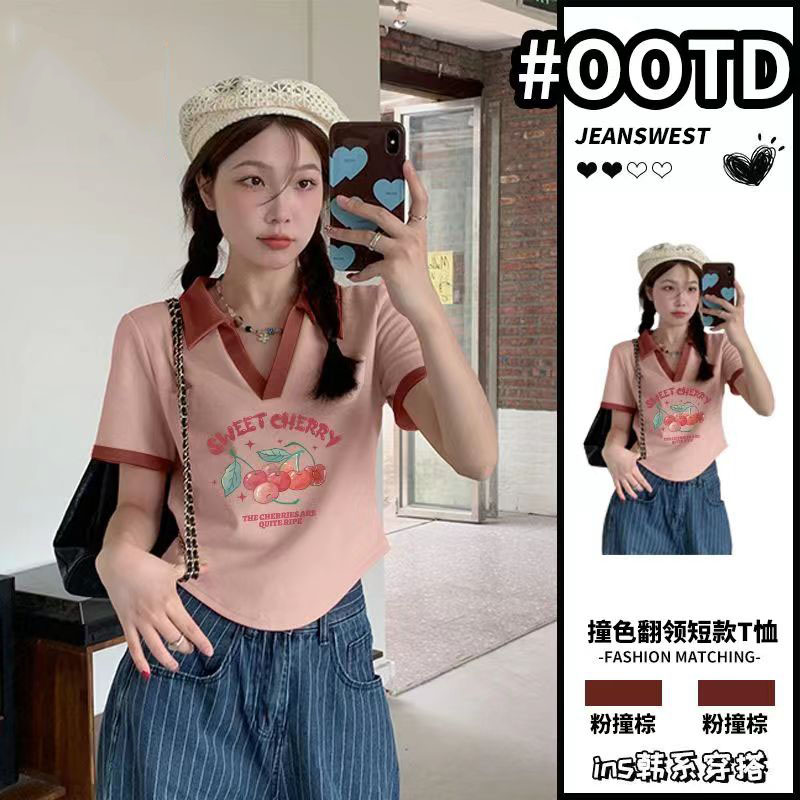 韓版翻領短袖女t恤夏季2024新款正肩v領上衣多巴胺穿搭短款polo衫