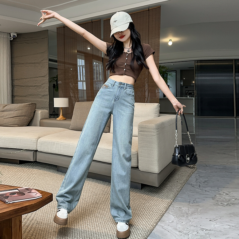 實拍2024春夏時尚潮流直筒闊腿復古牛仔褲女