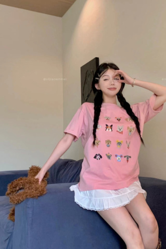 Real shot~Pink dog print loose T-shirt