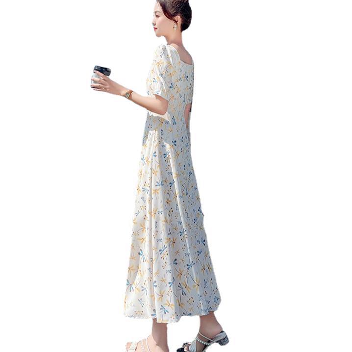 Summer square collar mid-length chiffon dress with waist, new travel retro Korean style slim fit 2024 Hepburn