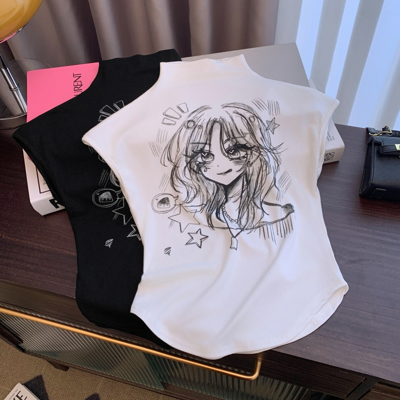 231# 實拍  40支純棉 2024夏裝半高領印花打底衫女短袖T恤