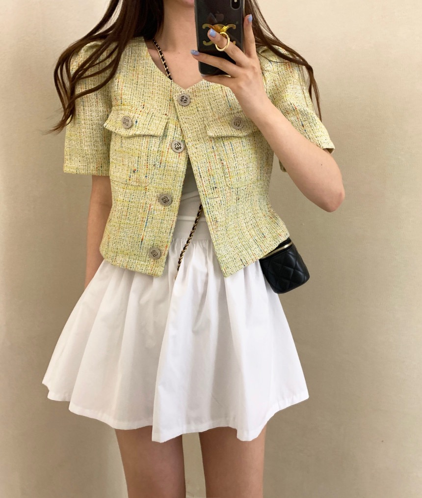 韓國春季新ins小香風粗呢精緻紐扣西裝短袖外套夏季上衣外套