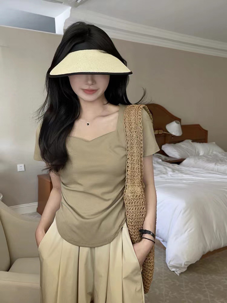 褶皺修身桃心領短袖T恤女夏季純欲百搭正肩純色鎖骨上衣2024