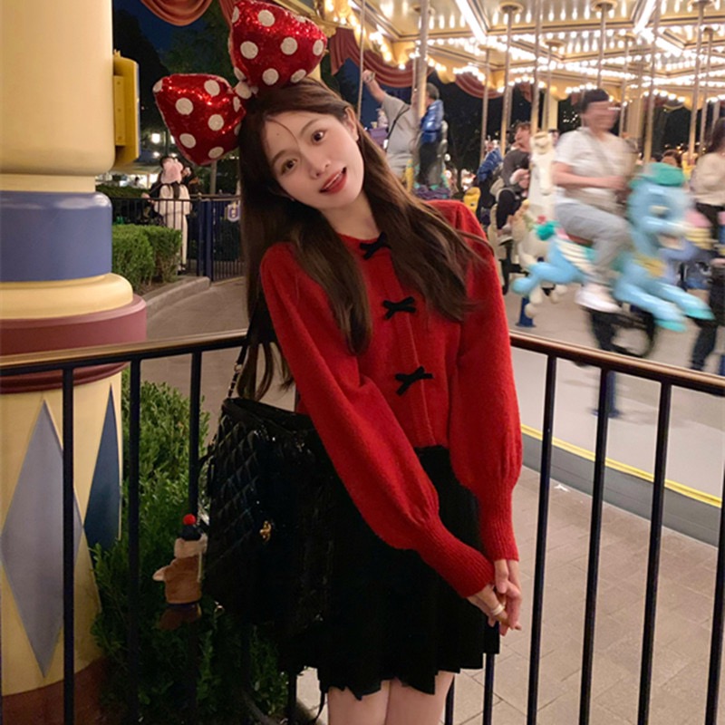 春秋搭蝴蝶結紅色毛衣外套女秋冬季新款慵懶風針織開衫
