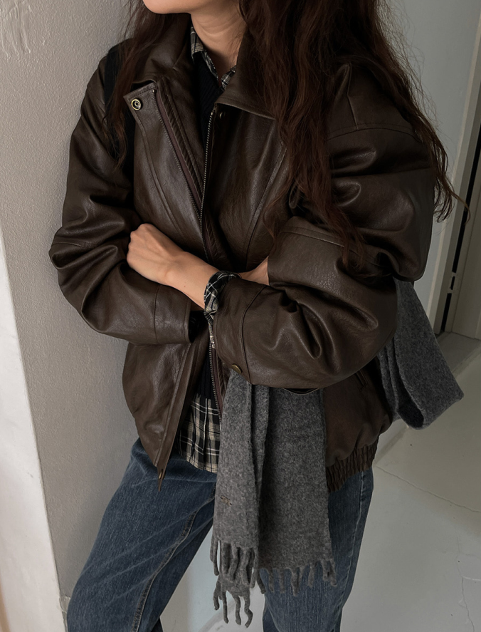 尺碼更新 韓國chic早春復古寬鬆 pu皮衣外套女機車夾克