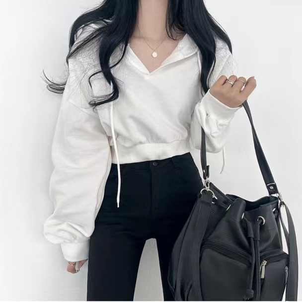 尺碼已更新chic春季連帽抽繩長袖衛衣女寬鬆短款小個子上衣