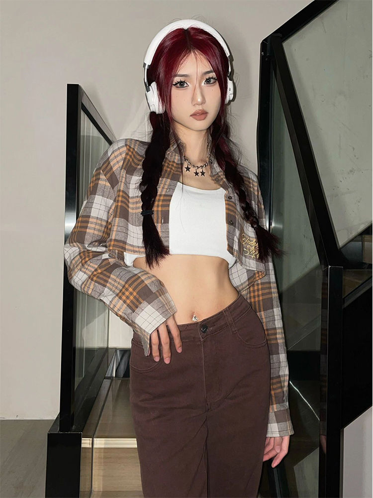 美式辣妹格子刺繡長袖襯衫女顯瘦短款上衣春季2024新款設計感外套