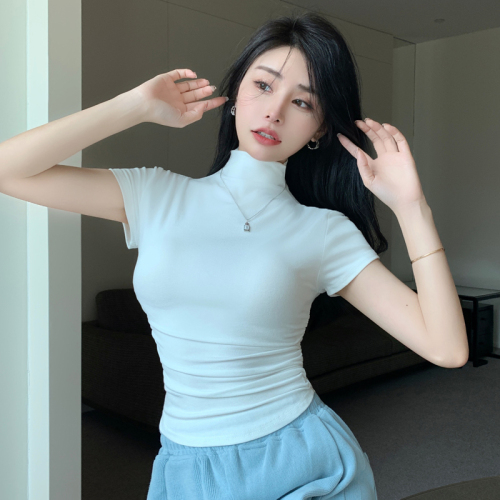 Real shot, right shoulder, stand collar, short-sleeved T-shirt for women, 2024 summer new hot girl pure desire, waist-cinching short solid color top