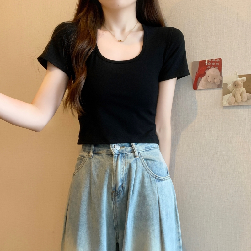 實拍  40支純棉 2024夏裝純色短款圓領打底衫女