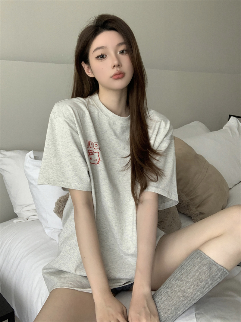 實拍 春夏新款減齡寬鬆貓咪印花墊肩短袖T恤女上衣潮