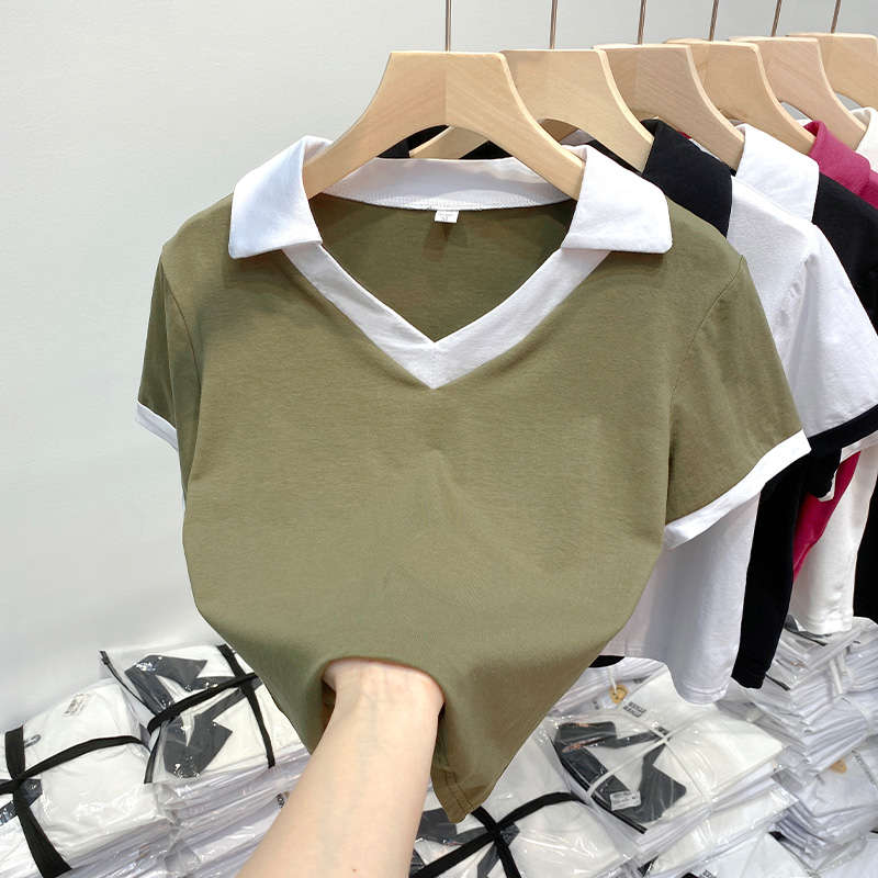 撞色翻領正肩短袖Polo衫女夏季顯瘦短款t恤洋氣假兩件別致上衣潮