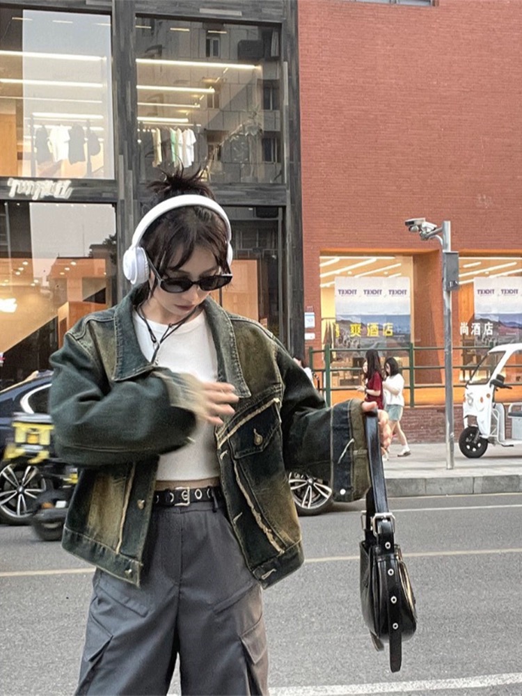 復古做舊牛仔外套女春季2024新款休閒氣質百搭短款設計感毛邊上衣