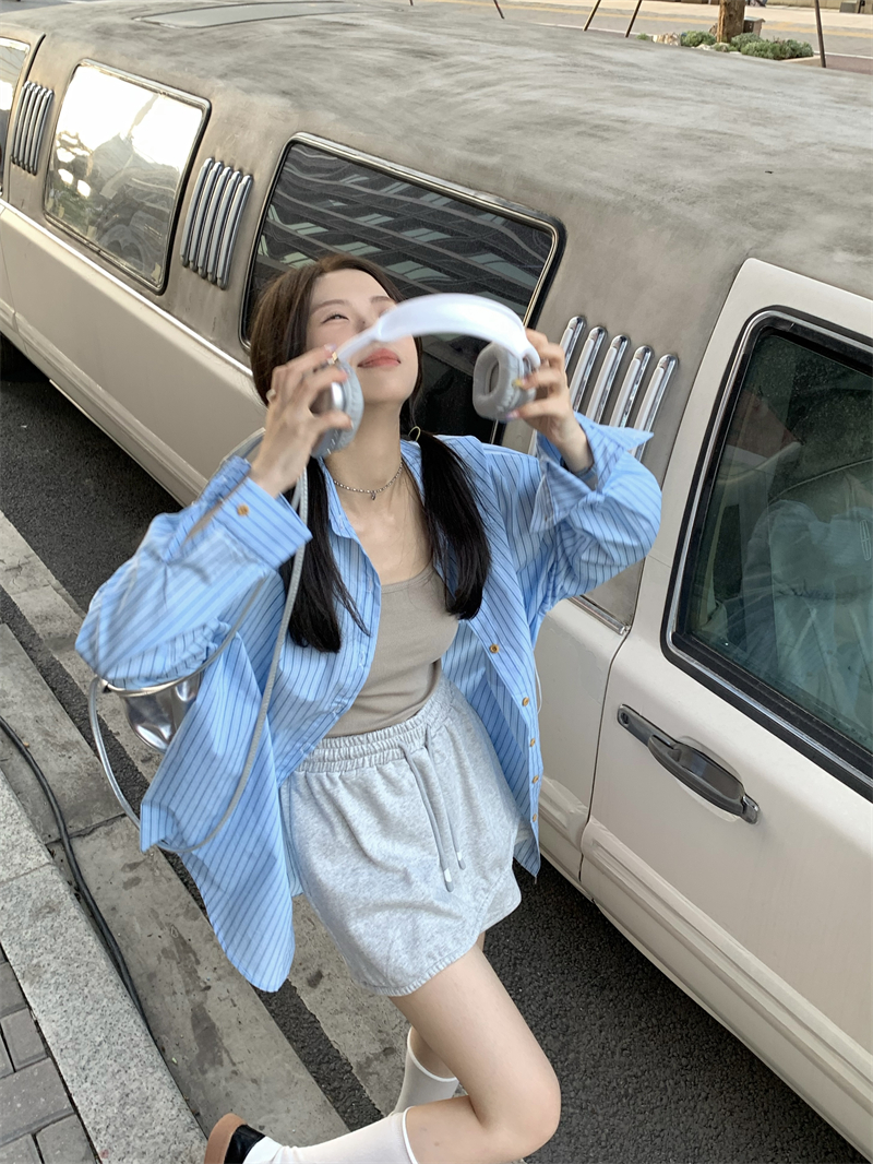 實拍~  韓系蝴蝶結條紋寬鬆長袖襯衫設計感顯瘦上衣